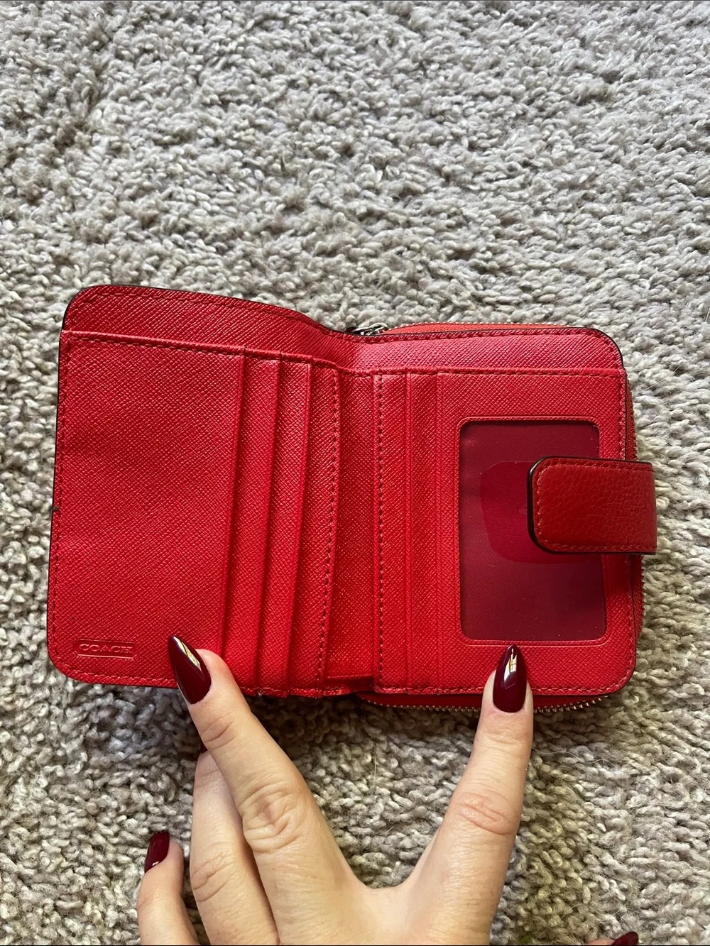 Coach Red Leather & Brown Signature Canvas Zip Card Wallet